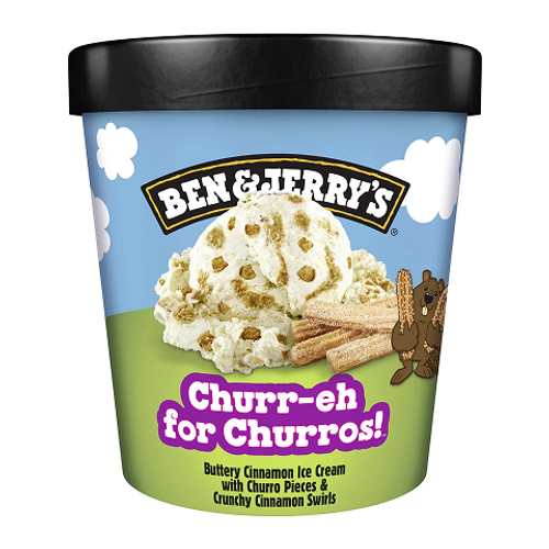 Ben & Jerry’s Churr-eh For Churros 473ml – creamy ice cream with churro pieces, caramel swirls, and cinnamon flavor, perfect for a decadent dessert
