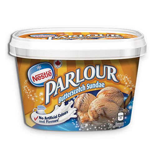 Nestlé Parlour Butterscotch Sundae 1.5L – creamy ice cream topped with rich butterscotch swirls, perfect for indulgent desserts