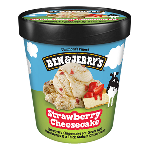 Ben & Jerry’s Strawberry Cheesecake 473ml – creamy cheesecake ice cream with strawberry swirls and chunks of cheesecake, perfect for a rich dessert