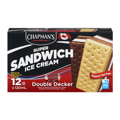 Chapman’s Double Decker Ice Cream Sandwich 12x120ml – individual ice cream sandwiches with creamy filling between chocolate wafers, perfect for quick treats
