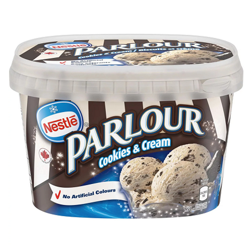 Nestlé Parlour Cookies and Cream 1.5L – creamy ice cream with chocolate cookie pieces, perfect for a classic dessert