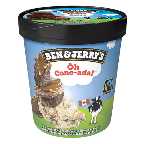Ben & Jerry’s Oh Cone-ada 473ml – creamy ice cream with waffle cone pieces and chocolatey swirls, perfect for a decadent treat
