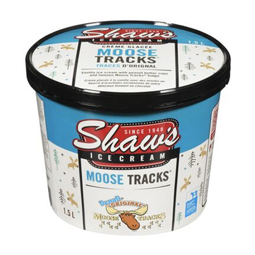Shaw’s Ice Cream Moose Tracks 1.5L – creamy ice cream with fudge swirls and peanut butter cups, perfect for a decadent dessert