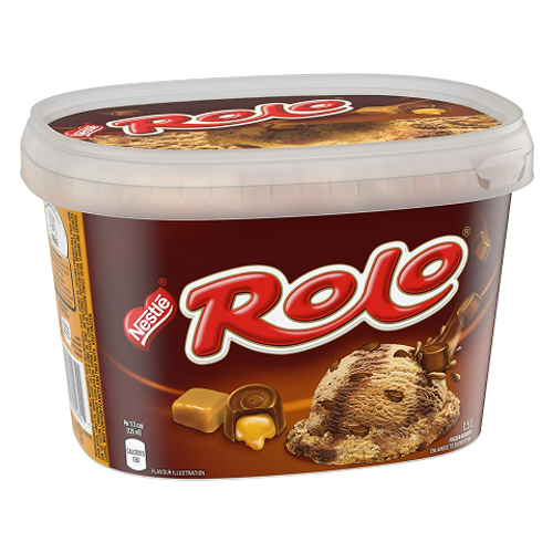 Nestlé Rolo Ice Cream 1.5L – creamy ice cream swirled with caramel and chocolate pieces inspired by Rolo candy, perfect for a rich dessert