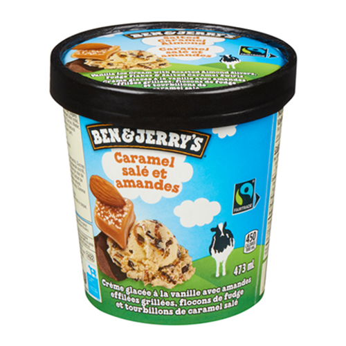 Ben & Jerry’s Salted Caramel Almond 473ml – creamy ice cream with salted caramel swirls and crunchy almonds, perfect for a decadent dessert
