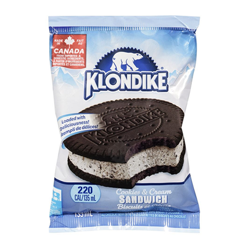 Klondike Cookies & Cream Sandwich 135ml – frozen ice cream sandwich with cookies and cream filling between chocolate wafers, perfect for a quick treat