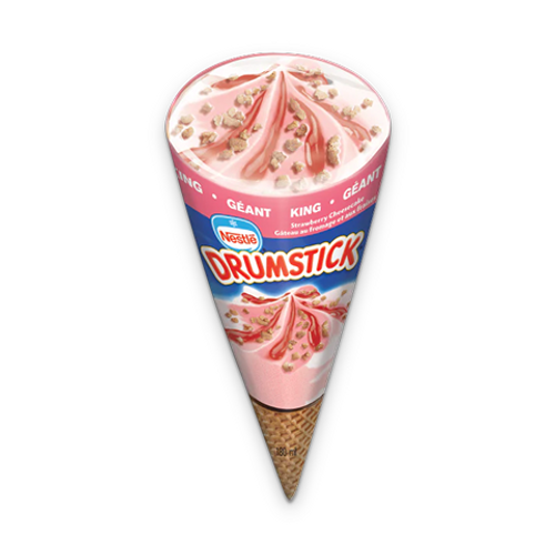Drumstick Strawberry Cheesecake 180ml – ice cream cone with strawberry cheesecake flavored ice cream, chocolate coating, and a crunchy cone, perfect for a sweet treat