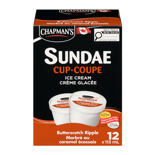 Chapman’s Sundae Cups Butterscotch 12x115ml – individual frozen sundae cups with creamy ice cream and rich butterscotch topping, perfect for a quick treat