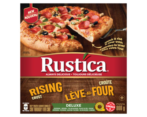 Rustica Deluxe Pizza 866g – frozen deluxe pizza loaded with assorted meats and vegetables, perfect for a hearty meal