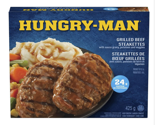 Hungry Man Grilled Beef Steakette 425g – hearty frozen beef steak meal, ready to heat and enjoy for a satisfying dinner