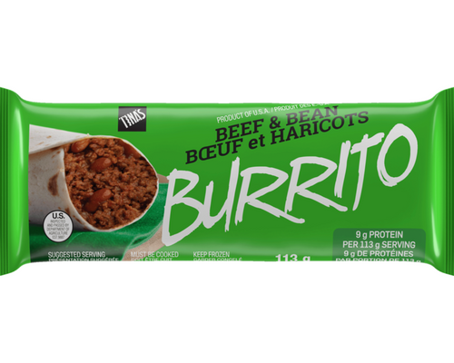Tina’s Beef and Bean Burrito 113g – frozen burrito filled with seasoned beef and beans, perfect for a quick and satisfying meal