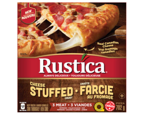 Rustica Cheese Stuffed Crust 3 Meat 702g – frozen pizza with a cheesy stuffed crust topped with three types of meat, perfect for a hearty meal