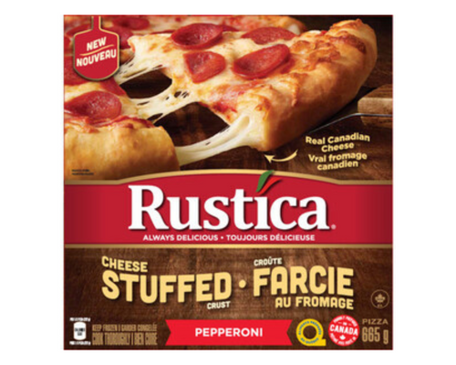 Rustica Cheese Stuffed Crust Pepperoni 665g – frozen pizza with a cheesy stuffed crust and savory pepperoni, perfect for a quick and delicious meal