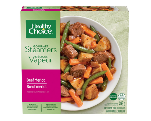 Healthy Choice Beef Merlot 269g – frozen meal with tender beef, vegetables, and Merlot wine sauce, perfect for a convenient and flavorful dinner