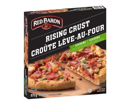 Red Baron Rising Crust Supreme 875g – frozen pizza with thick crust, assorted toppings, and cheese