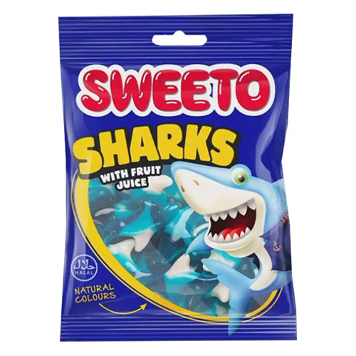 Sweeto Sharks With Fruit Juice 80g – shark-shaped gummy candies made with real fruit juice