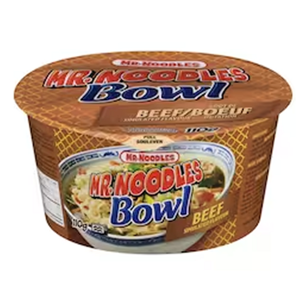 Mr. Noodle Beef Bowl 110g – instant noodles with savory beef flavor in a convenient bowl