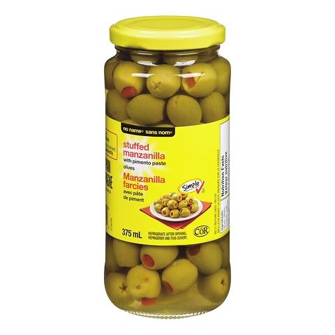 No Name Stuffed Manzanilla Olives 375ml – green olives stuffed with pimentos, perfect for snacks, salads, or cocktails