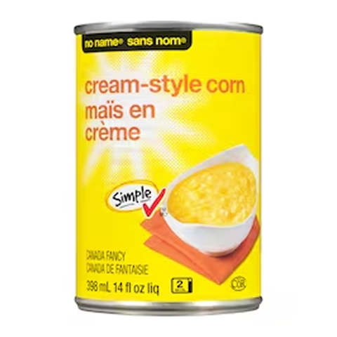 No Name Cream Style Corn 398ml – sweet corn kernels in creamy sauce, perfect for side dishes and recipes