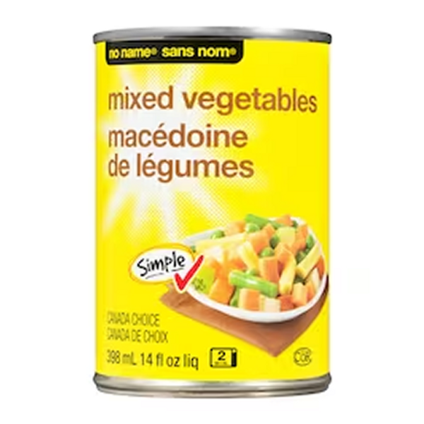 No Name Mixed Vegetables 398ml – a tasty mix of carrots, peas, corn, and green beans, perfect for quick meals and side dishes