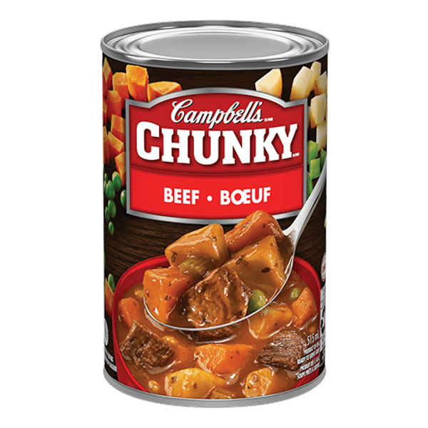 Campbell’s Chunky Soup Beef 515ml – hearty soup with tender beef, vegetables, and rich savory broth for a filling meal