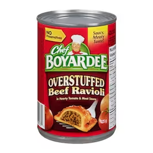 Chef Boyardee Beef Ravioli 425g – tender pasta pockets filled with savory beef in tomato sauce