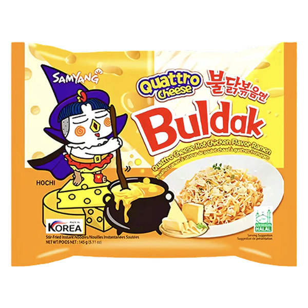 Buldak Spicy Chicken Quattro Cheese Noodle 145g – Korean ramen with rich four-cheese flavor and signature heat