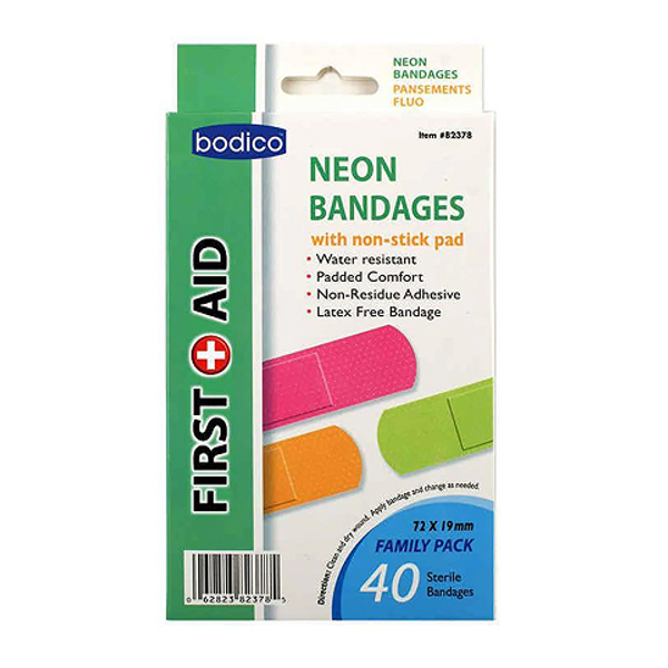 Bodico Neon Bandages 40 Pack – colorful adhesive bandages for small cuts and scrapes