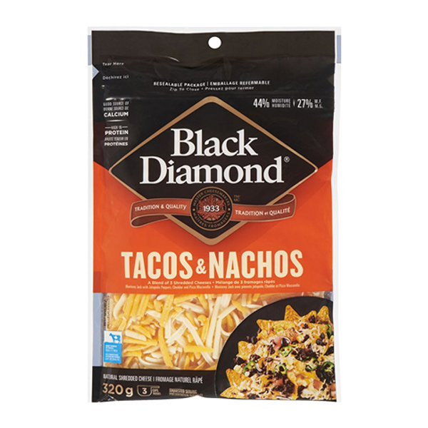 Black Diamond Tacos and Nachos Cheese 320g – shredded cheese blend perfect for tacos, nachos, and Mexican-inspired dishes