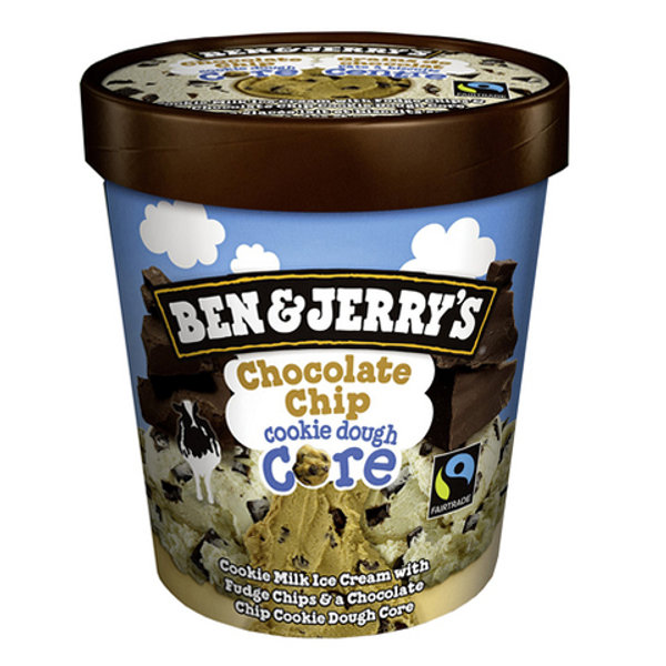 Ben & Jerry’s Chocolate Chip Cookie Dough 473ml – creamy vanilla ice cream loaded with chocolate chips and chunks of cookie dough, perfect for a decadent dessert