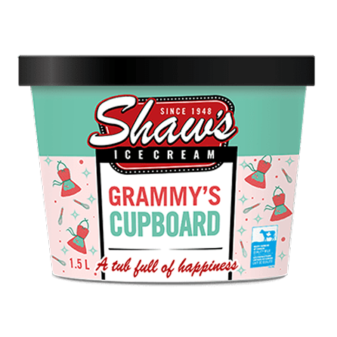 Shaws Ice Cream Grammys Cupboard 1.5L – creamy ice cream with nostalgic flavors and mix-ins, perfect for a comforting and indulgent dessert