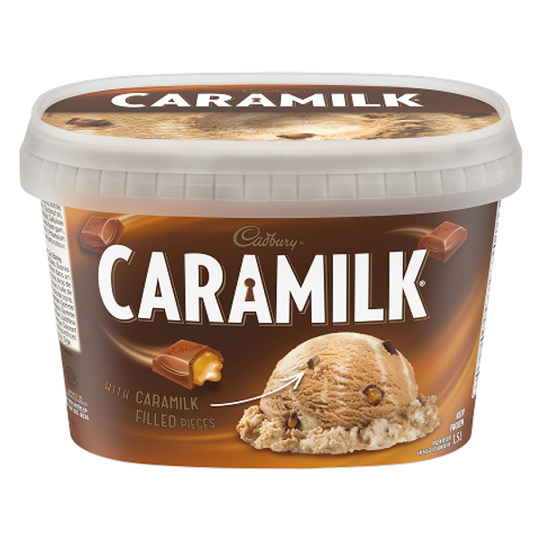 Cadbury Caramilk Ice Cream 1.5L – creamy ice cream infused with Caramilk chocolate swirls, perfect for a sweet and indulgent dessert