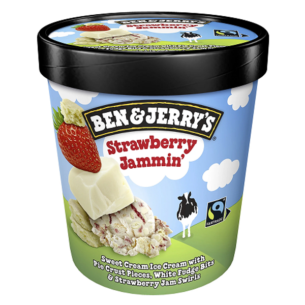 Ben & Jerry’s Strawberry Jammin 473ml – creamy strawberry ice cream with strawberry fruit swirls, perfect for a fruity and indulgent dessert