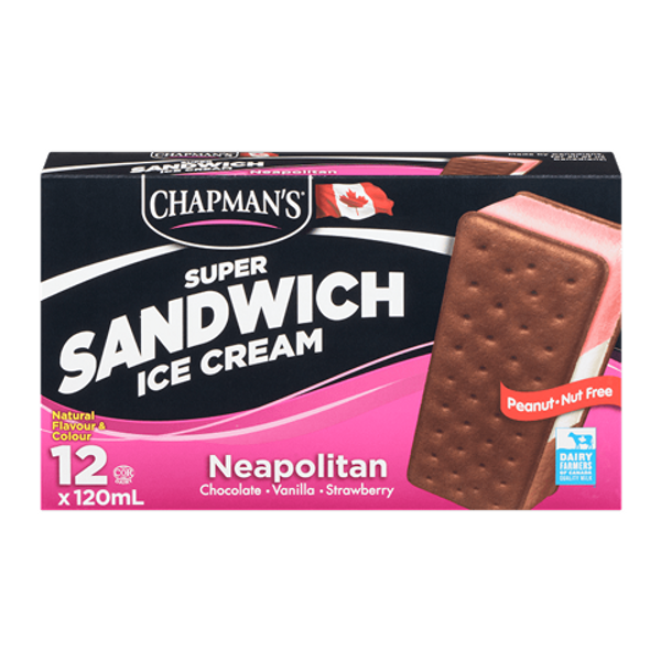 Chapman’s Neapolitan Ice Cream Sandwich 12x120ml – individual ice cream sandwiches with layers of chocolate, vanilla, and strawberry ice cream between chocolate wafers, perfect for a fun treat