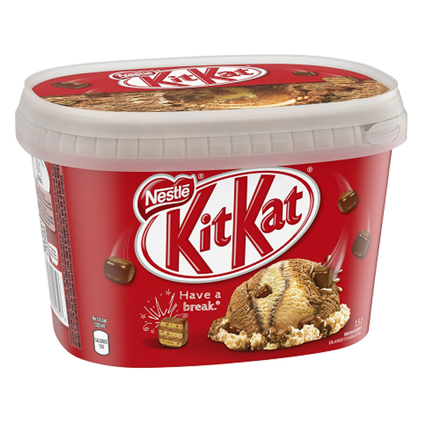 Nestlé Kit Kat Ice Cream 1.5L – creamy ice cream blended with Kit Kat pieces and chocolate swirls, perfect for a decadent dessert