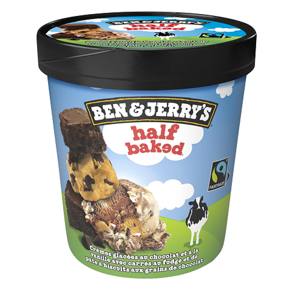 Ben & Jerry’s Half Baked 473ml – creamy ice cream with chocolate and vanilla swirls, mixed with brownie and cookie dough pieces, perfect for a rich dessert