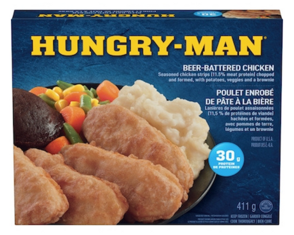 Hungry Man Beer-Battered Chicken 411g – frozen chicken pieces coated in a crispy beer batter, perfect for a hearty and satisfying meal