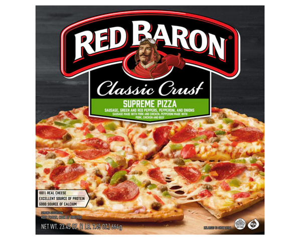 Red Baron Classic Crust Supreme 584g – frozen pizza with a classic crust topped with a variety of meats and vegetables, perfect for a quick meal Red Baron Classic Crust Supreme 584g – frozen pizza with a classic crust topped with a variety of meats and vegetables, perfect for a quick meal