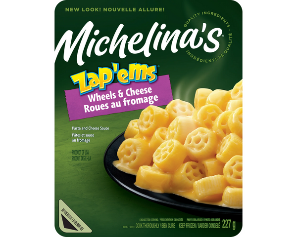 Michelina’s Zapems Wheels and Cheese 225g – frozen pasta wheels in a creamy cheese sauce, perfect for a quick and comforting meal