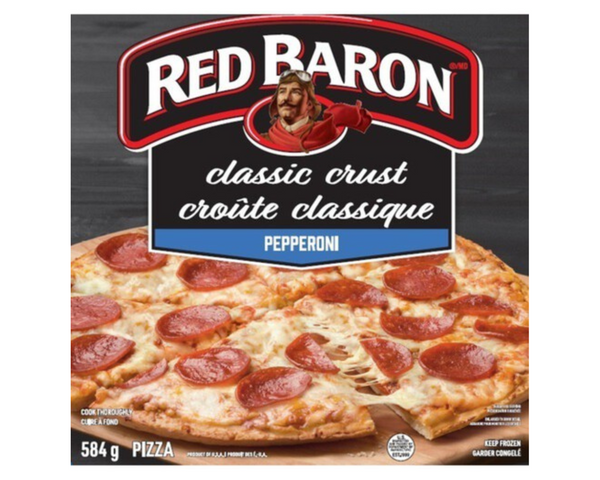 Red Baron Classic Crust Pepperoni 584g – frozen pizza with classic crust, topped with pepperoni and cheese, perfect for a quick and tasty meal