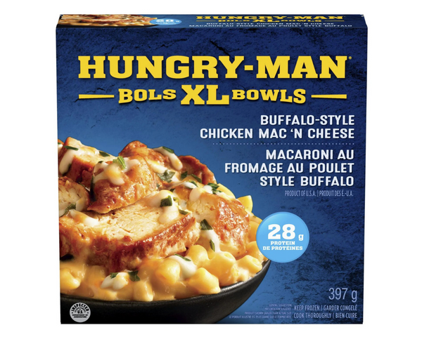 Hungry Man XL Buffalo Chicken Mac'n Cheese 397g – hearty frozen meal with buffalo chicken, macaroni, and creamy cheese, perfect for a filling dinner
