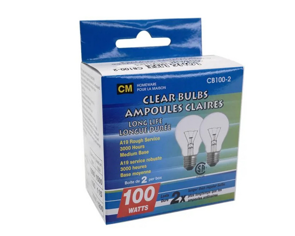 CM 100W clear long life light bulb 2 pack for home and office lighting