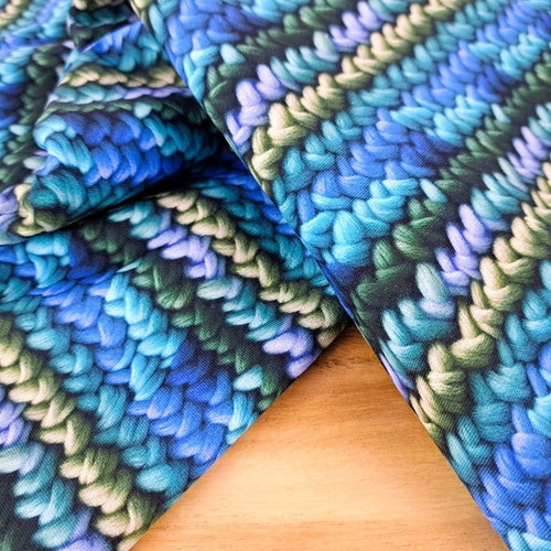 REMNANT:  Knitted Braids, Blue & Green:  Brushed French Terry, European Import  (146 cm)