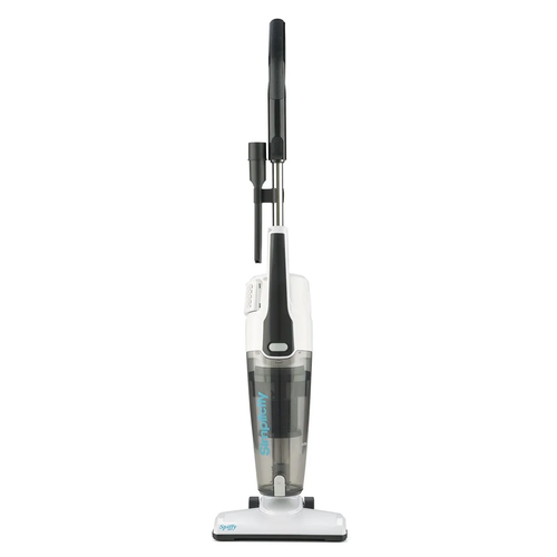 The Spiffy Broom Vacuum picks up crumbs, dirt, and dust from bare floors quickly and efficiently. Simple but powerful, at just 7 pounds, it's easy to lift, easy to clean and easy to empty for the next use. Spiffy has a powerful 9 amp motor, two speed options, and a deluxe touch handle grip. It's bagless but is equipped with four stage filtrations including a HEPA media filter. Its nozzle is slim and narrow, making it easy to clean under cabinets and between furnishings. With rubber wheels, a cushy furniture guard around the nozzle and a squeegee for spotless bare floor cleaning, the Spiffy is perfect for quick clean ups.