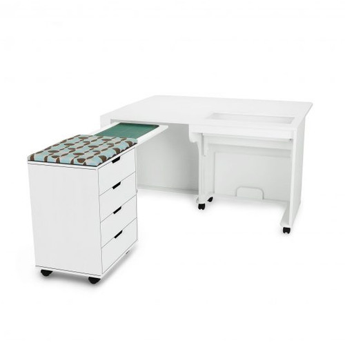 Designed specifically to work with a custom machine insert, The Laverne and Shirley Sewing Cabinet offers a three-position dual hydraulic lift, expandable caddy for ironing and cutting, as well as four pull-out storage drawers to hold all your essentials. Compact enough to fit comfortably into any room, the quilt leaf (conveniently stored on the back of the cabinet) offers all the extra workspace needed to take on those big projects you’ve been thinking about.