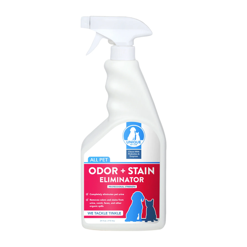 Unique Pet Odor and Stain Eliminator 20oz "Ready to Use".
Eliminates pet odors and stains from carpet and upholstery. Unique's formula is perfectly safe and can be applied directly out of the bottle. It's enzyme active and bacterial safe, eliminates odors, stains and disinfects.