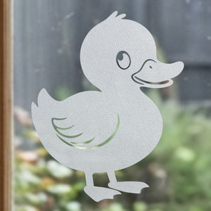 Close-up of a right-facing frosted  Duck window cling clinging to glass, showing etched-glass texture and soft matte finish.