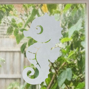 Baby Seahorse frosted window cling, reusable static window decal with an etched‑glass finish, renter‑friendly and perfect for home, office, or classroom windows.