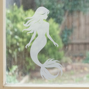 Mermaid majesty frosted window cling, reusable static window decal with an etched‑glass finish, renter‑friendly and perfect for home, office, or classroom windows.