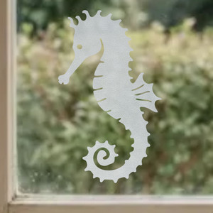Seahorse frosted window cling, reusable static window decal with an etched‑glass finish, renter‑friendly and perfect for home, office, or classroom windows.